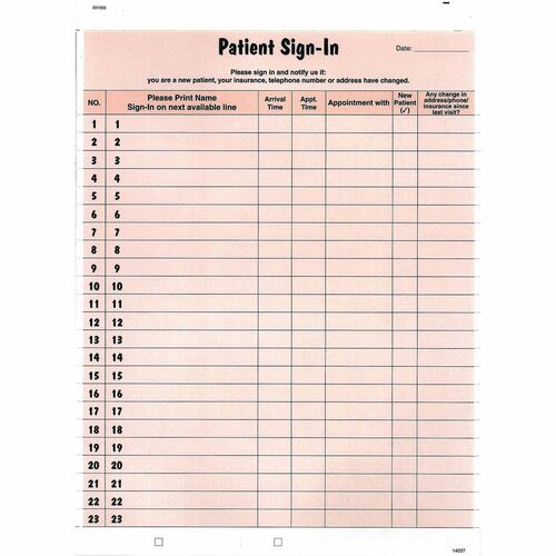 Tabbies  Patient Sign-In Forms, 23 Lines, 8-1/2"x11", 125/PK, Salmon