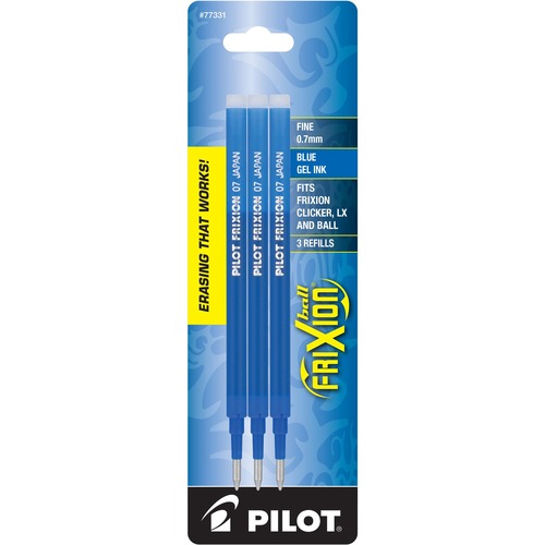 Pilot  Gel Pen Refills, f/FriXion, 0.7mm, Fine Pt, 3/PK, Blue Ink
