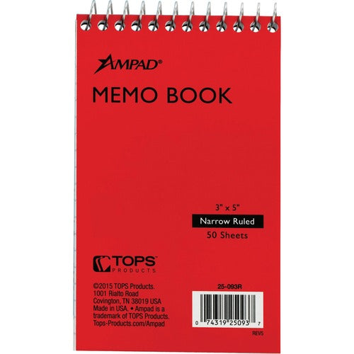 Tops  Memo Notebook, Top Spiral, Narrow Rld, 50 Shts, 3"x5", Ast