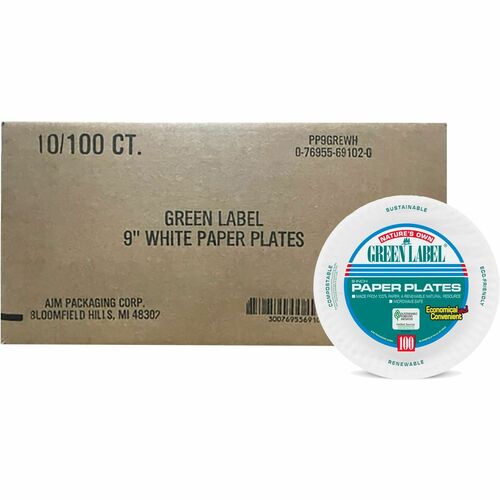 Ajm Packaging Corporation  Paper Plates, Uncoated, 9", 1000/CT, White