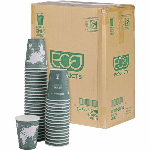 Eco-Products  Hot Cup, Insulated, World Art, 12oz, 600/CT, Green-ECOEPBNHC12WD