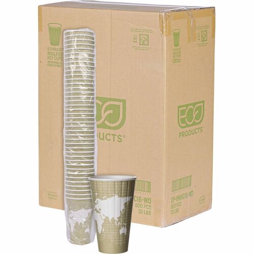 Eco-Products  Hot Cup, Insulated, World Art, 16oz, 600/CT, Light Green-ECOEPBNHC16WD