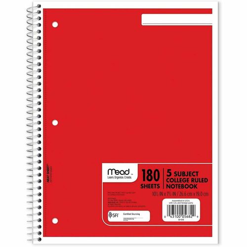 Mead  5-Sub Notebook, College Rld, 8"x10-1/2", 180Shts, Ast