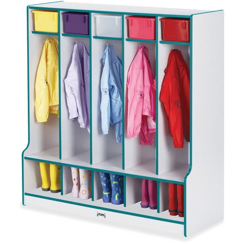 Jonti-Craft, Inc.  Coat Locker,5 Section,Step,50-1/2"x48"x17-1/2",GY/Teal Edge