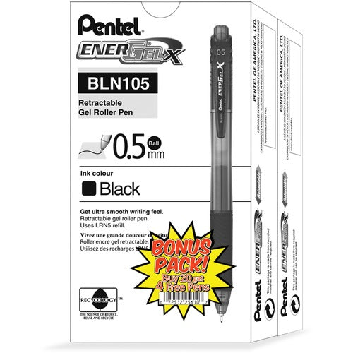 Pentel  Gel Pen, Retractable, .5mm, Needle Fine Tip, 24/PK, Black