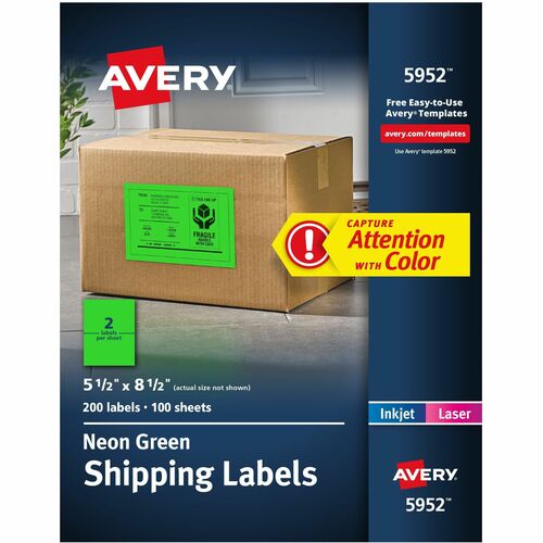 Avery  Shipping Labels,Laser,Hi Vis,5-1/2"x8-1/2",200/BX,Neon GN