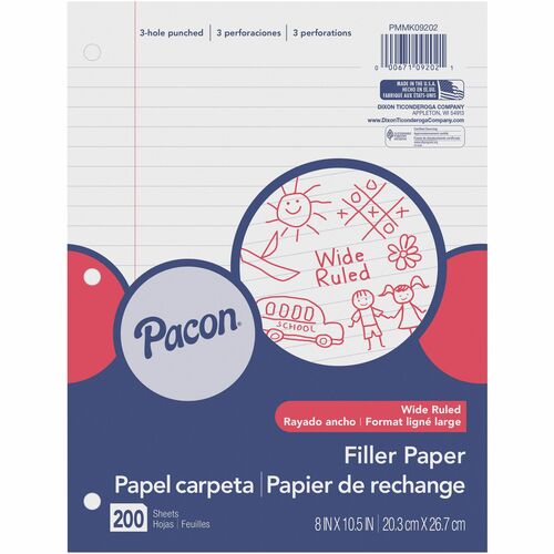 Pacon  Filler Paper, 8"x10-1/2", 3/8" Rld, 200 Shts/PK, White