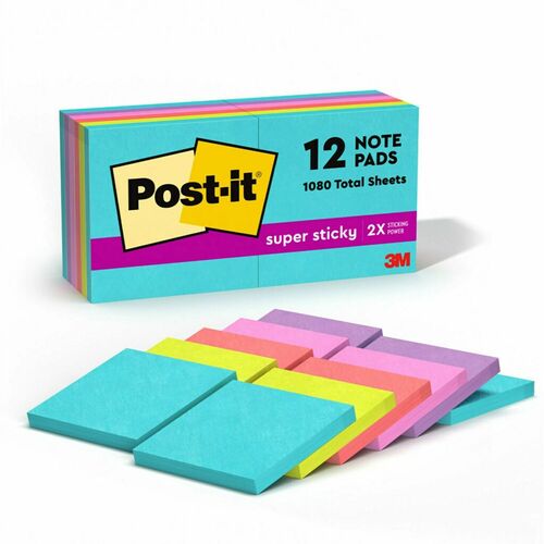 3M  Post-It Super Sticky Notes, 3"x2-1/2", 90Sht/PD,12PD/PK, AST