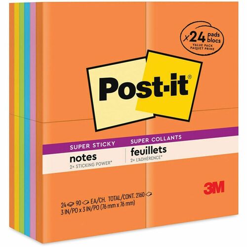 3M  Post-It Super Sticky Notes, Value Pk, 3"x3", 24PD/PK, MI