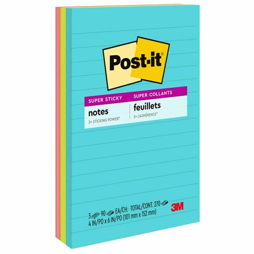 3M  Post-It Super Sticky Notes, 6"x4", 90 Sht/PD, 3PD/PK, MI