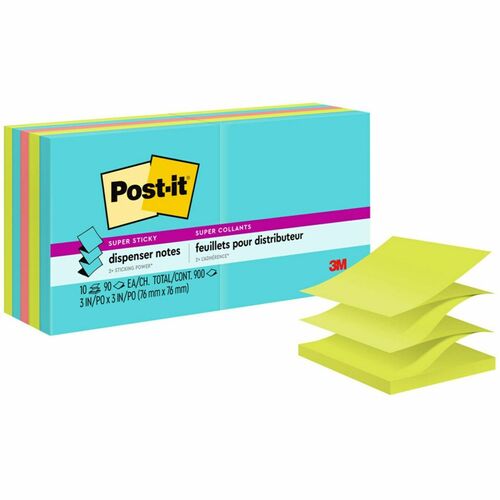 3M  Super Sticky Notes, Pop-up, 3"x3", 90Sht/PD, 10PD/PK, Miami
