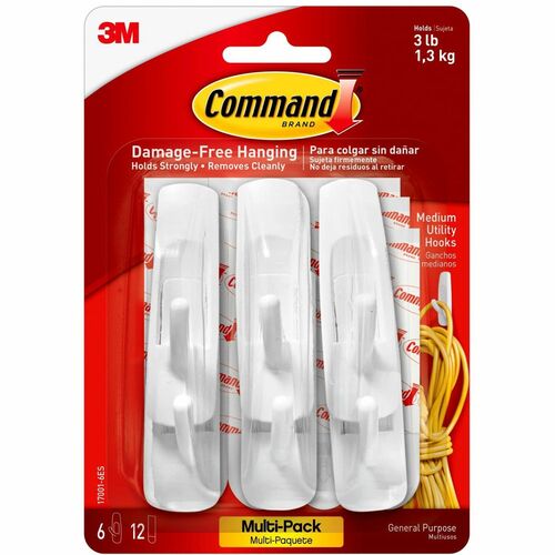 3M  Hooks, Reusable, Command Adhesive, Medium, 6/PK,White