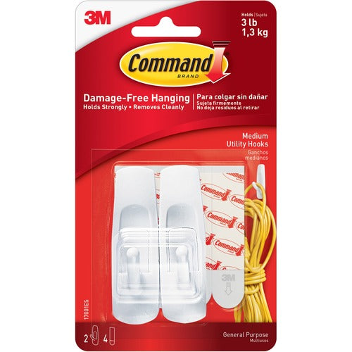 3M  Hooks, Reusable, Command Adhesive, Medium, 2/PK, White