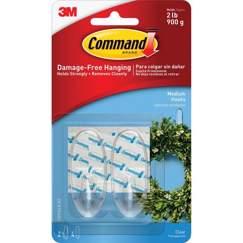 3M  Medium Hooks, w/Adhesive Strips, 2/PK, Clear