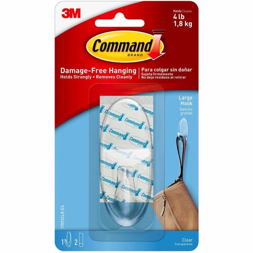 3M  Adhesive Hanging Hook, Large, Holds 4lbs., Clear