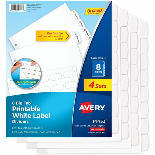 Avery  Dividers, Big Tab, w/Labels, 3HP, 8-Tab, 4 Sets/PK, White