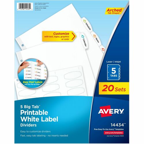 Avery  Dividers, Big Tab, w/Labels, 3HP, 5-Tab, 20 Sets/BX, White