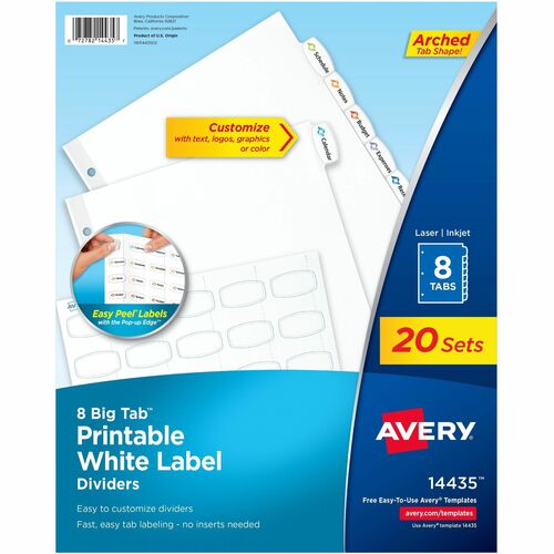 Avery  Dividers, Big Tab, w/Labels, 3HP, 8-Tab, 20 Sets/BX, White