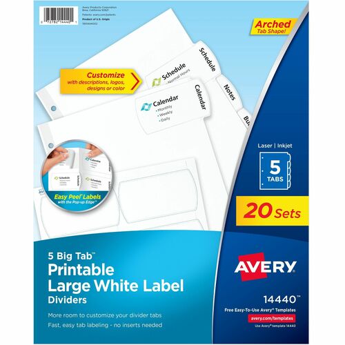 Avery  Dividers with Big Tabs, Easy Peel, 5-Tab/ST, 20 Sets/BX, WE