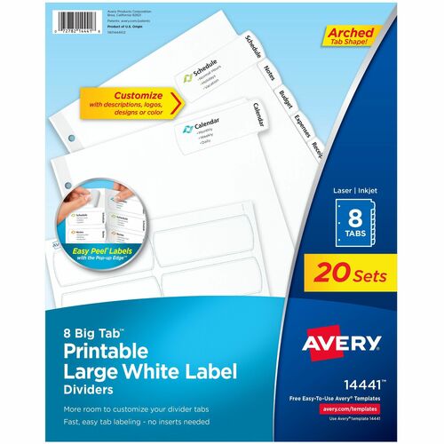 Avery  Dividers with Big Tabs, Easy Peel, 8-Tab/ST, 20Sets/BX, WE