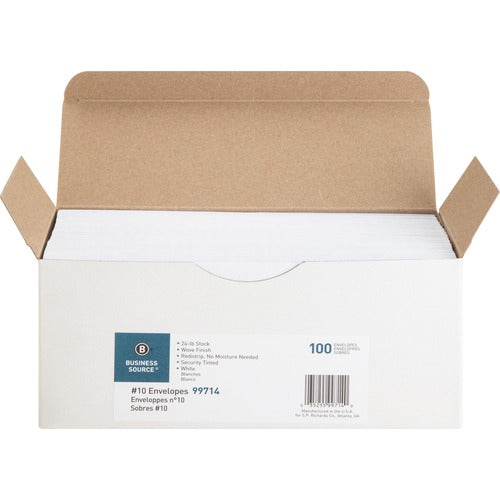 Business Source  Peel-To-Seal Envelopes, No. 10, 100/BX, White