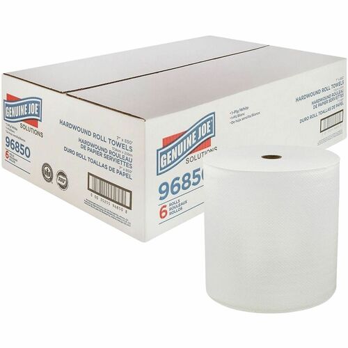 Genuine Joe  Hard Wound Roll Towel, 1-Ply, 7"x850', 6RL/CT, White-GJO96850