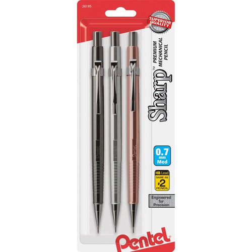 Pentel  Sharp Mechanical Pencils, .7mm, Ast Barrel, 3/PK, Ast