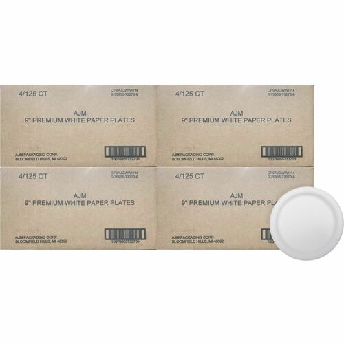 Ajm Packaging Corporation  Plates, Coated Paper, Round, 9" Dia,125/PK,4PK/CT,White