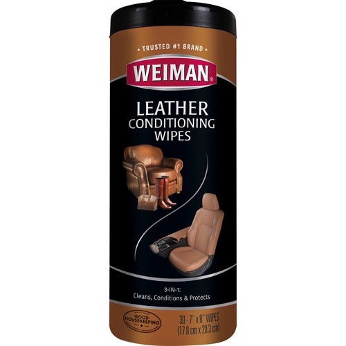 Weiman Products  Cleaning Wipes, f/Leather, 7"x8", 30/Can, White