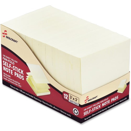 SKILCRAFT  Self-Stick Note Pads, Fan-fold, 3"x3", 1 Dozen, Yellow
