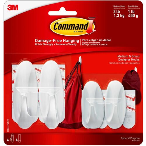 3M  Hooks w/Adhesive Strips, Med/Sm, Hold 1lb & 3lb, 4/PK, WE