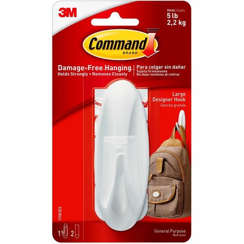 3M  Hook w/Adhesive Strips, Large, Hold 5lb, 1/PK, WE