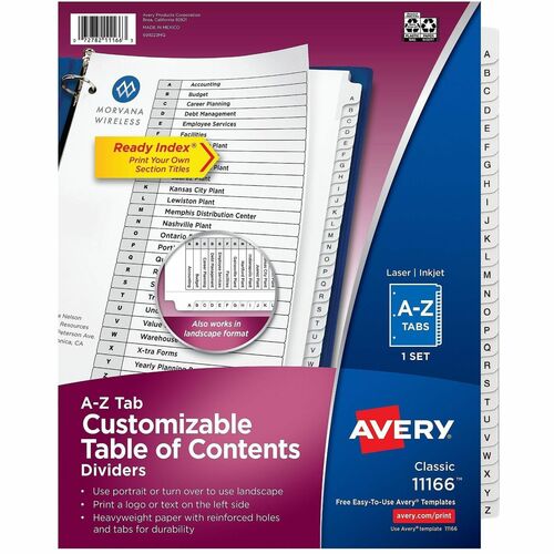 Avery  Dividers, Ready Index, A-Z, 9-3/4" x 11", 26/Set, White