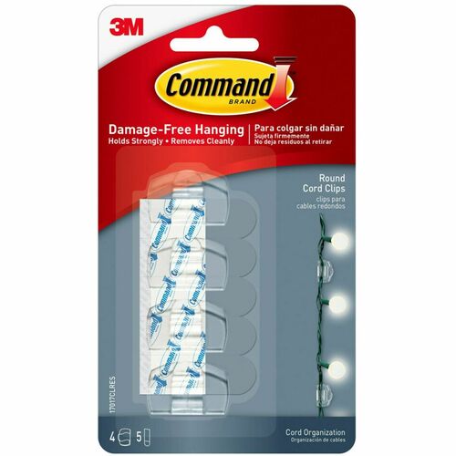 3M  Cord Clips, Round, w/5 Adhesive Strips, 4 Clips/PK, Clear