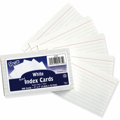 Pacon  Index Cards, Ruled, 3"x5", 100/PK, White