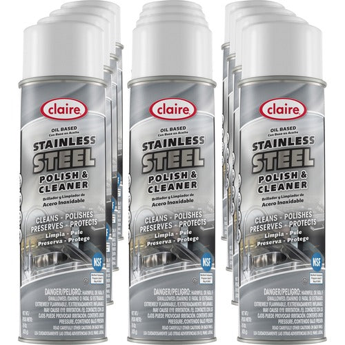 Claire Manufacturing Co  Polish/Cleaner Spray,f/Stainless Steel,15oz,12/CT,White