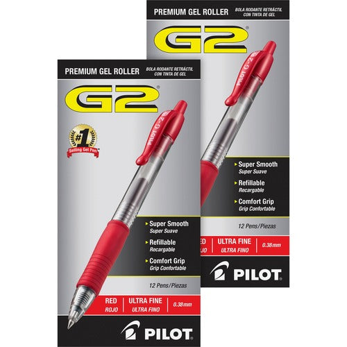 Pilot  Retractable Pens, Ultra Fine,24/BD, Clear Barrel/Red Ink