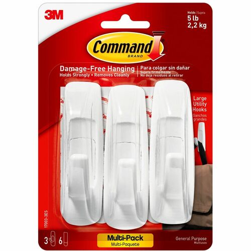 3M  Utility Hooks, w/ 6 Adhesive Strips, Large, 3/PK, White