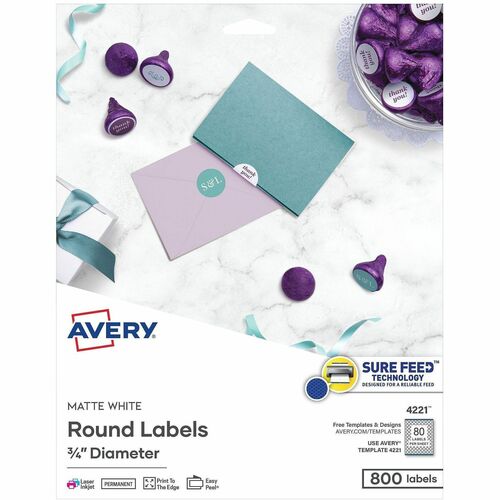 Avery  Labels, Round, Print-to-Edge, 3/4"Dia, 800/PK, Matte White