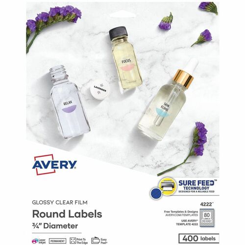 Avery  Labels, Glossy, Round, Print-to-Edge, 3/4"Dia, 400/PK, Clear