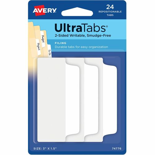 Avery  Tabs, Ultra, 2-Sided, 3"x1-1/2", 24/PK, White