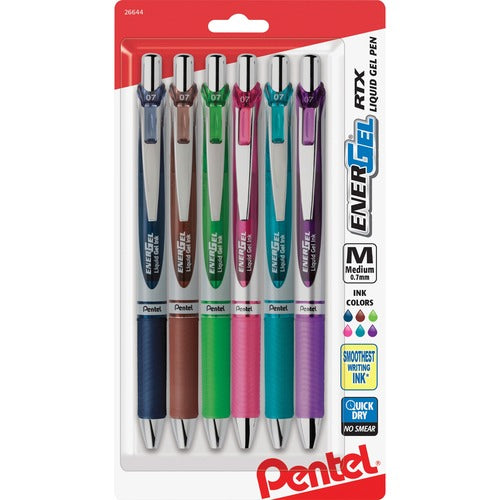 Pentel  Gel Pen,Retractable,Metal Tip,.7mm,6/PK,AST Barrel/Ink