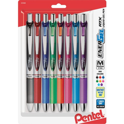 Pentel  Gel Pen,Retractable,Metal Tip,.7mm,8/PK,AST Barrel/Ink