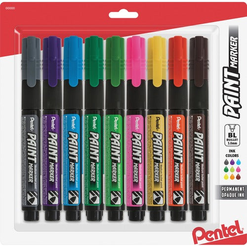Pentel  Paint Marker, Opaque Ink, Medium Bullet Tip, 9/PK, Assorted