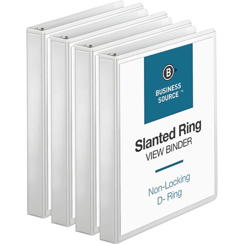 Business Source  D-Ring Binders, w/Pockets, 1" Cap, 8-1/2"x11", 4/BD, White
