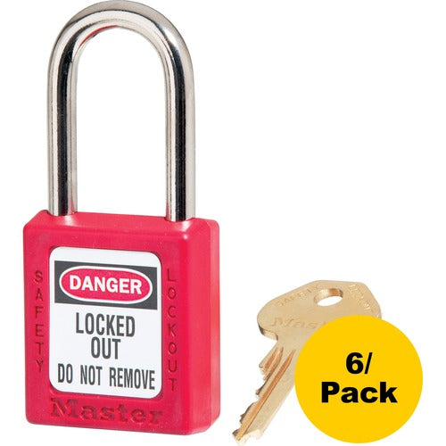 Master Lock Company  Safety Padlock, Labeled, 1/4"Dx1-1/2"H Shackle, 6/PK, Red