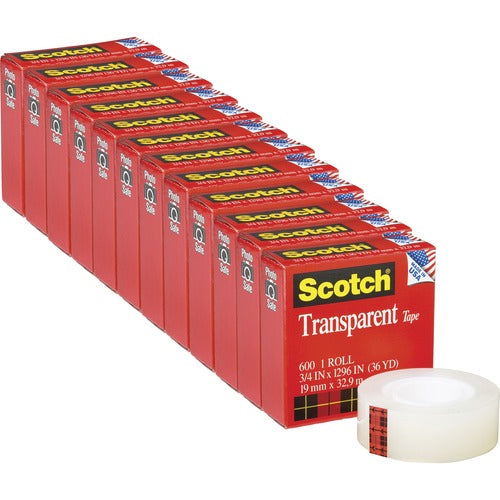 3M  Transparent Tape, 1" Core, 12 Rolls/PK, 3/4"x1296"