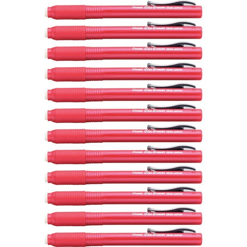 Pentel  Clic Erasers, Retractable,Pocket Clip,12/BX, Red Barrel