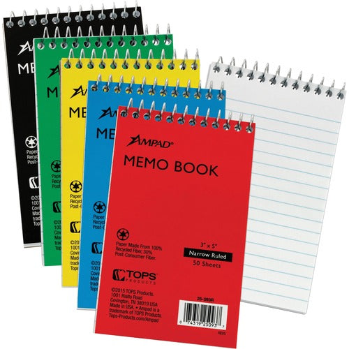 Tops  Memo Notebooks,Top Spiral,Narrow Rld,50 Shts,3"x5",5/BD, AST