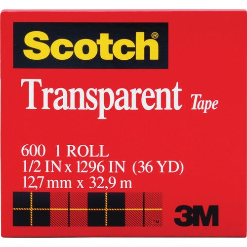 3M  Transparent Tape, 1" Core, 1/2"x 36 Yds, 12/PK